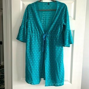 Jantzen teal bath suit cover up dress with drawstring under breast line size M/L